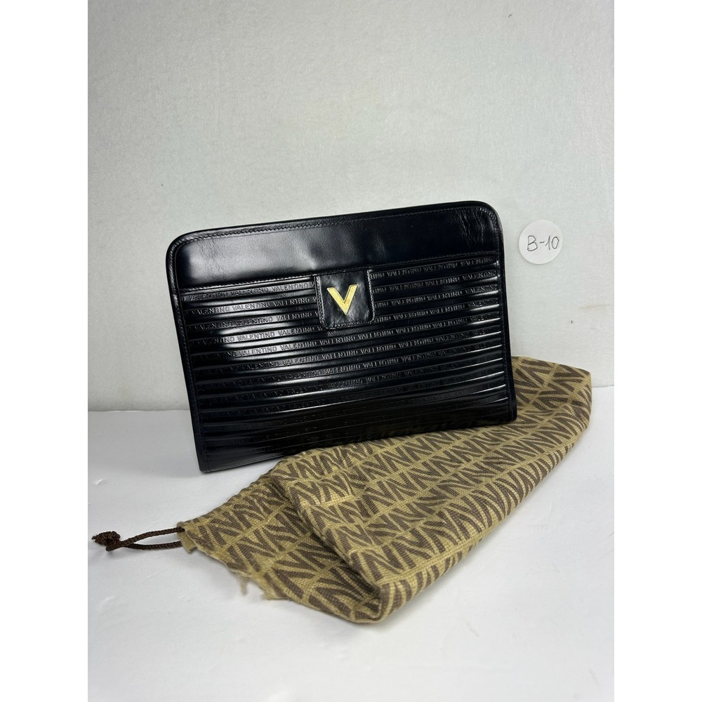 Vintage Mario Valentino Black Leather V-Logo Clutch Bag w/ Dust Bag - Storage B-